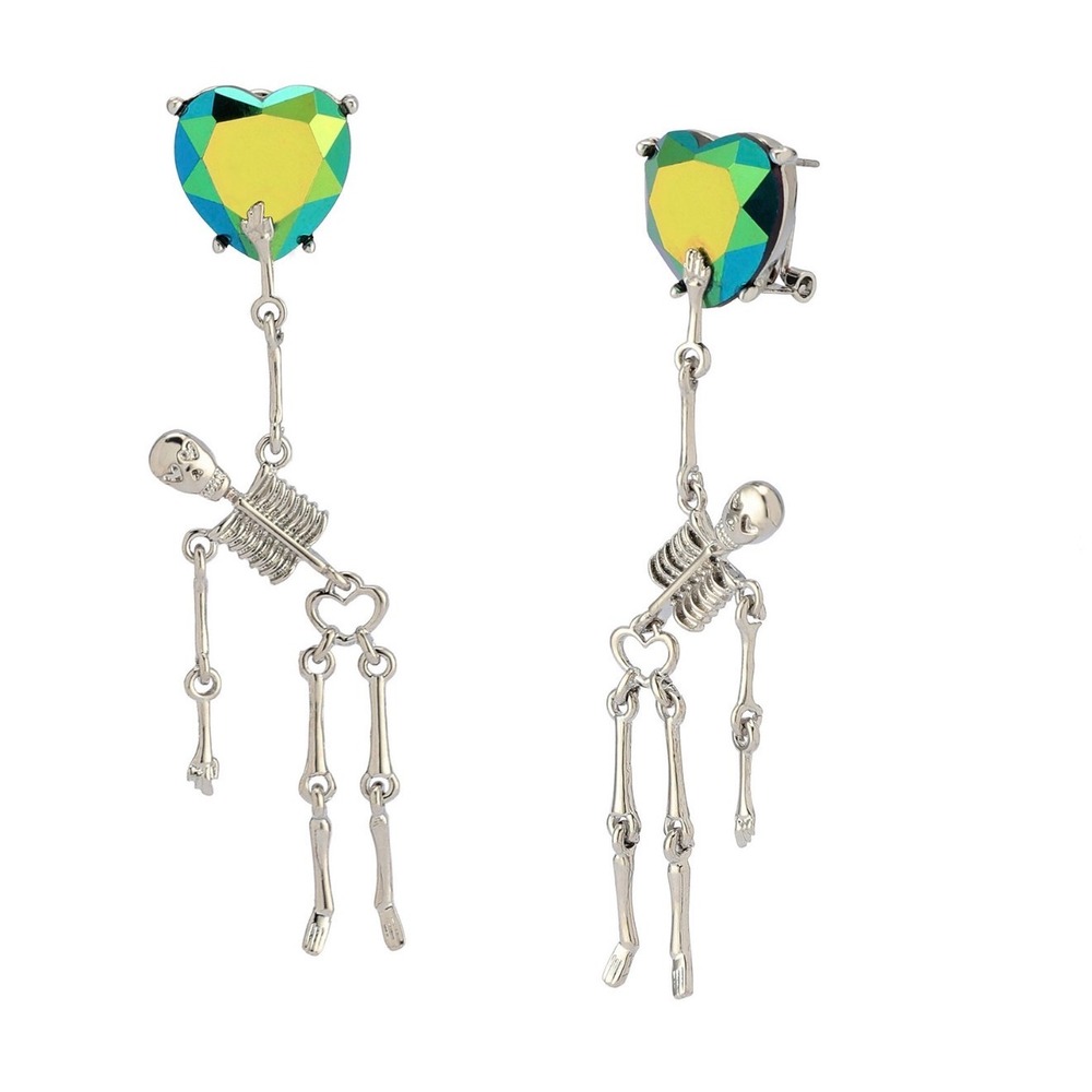 Betsey Johnson Halloween Skeleton Heart Drop Earrings Iridescent Silver Tone NIB